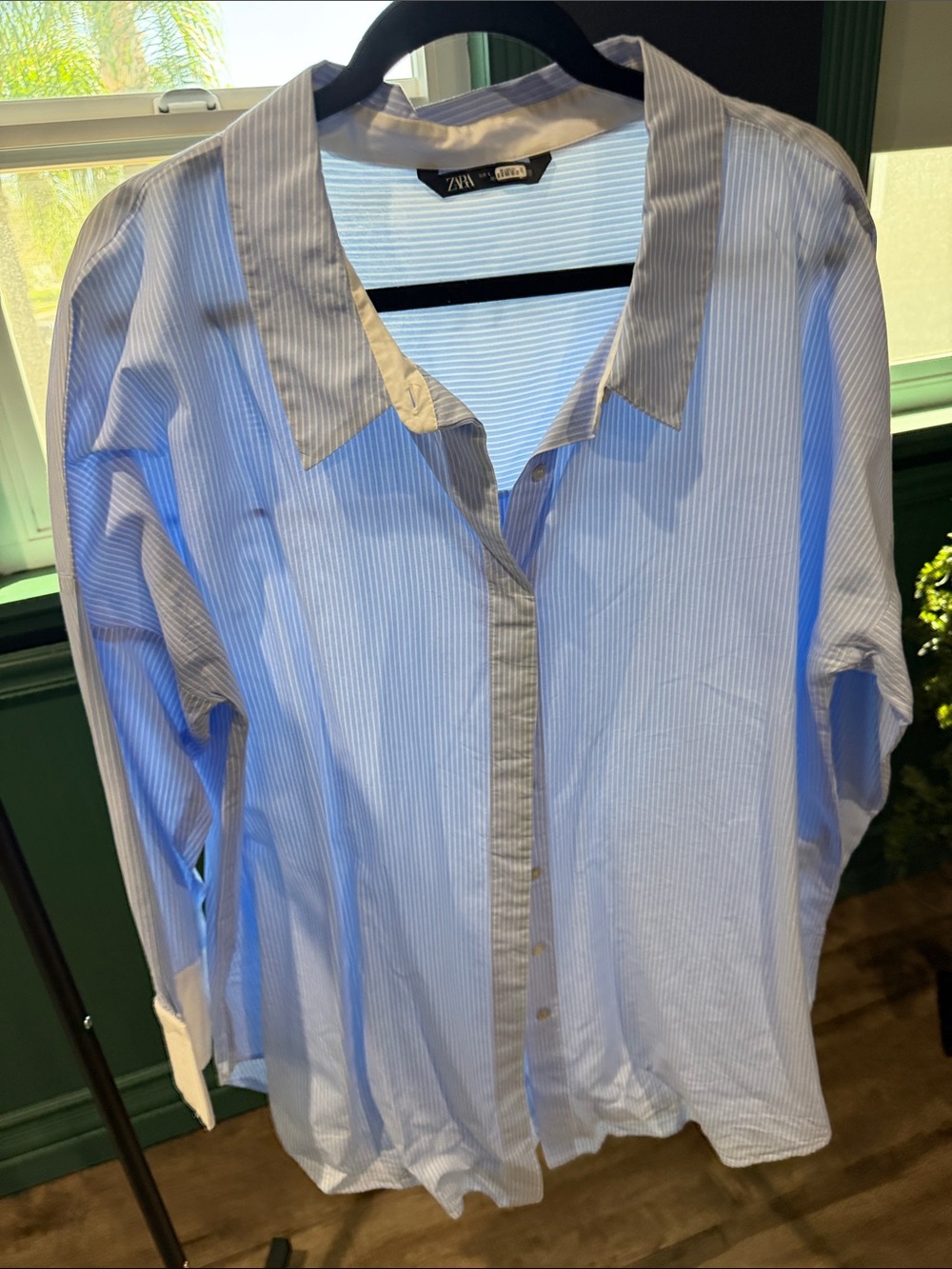 Zara Light Blue and White Pinstripe Button-Down Shirt